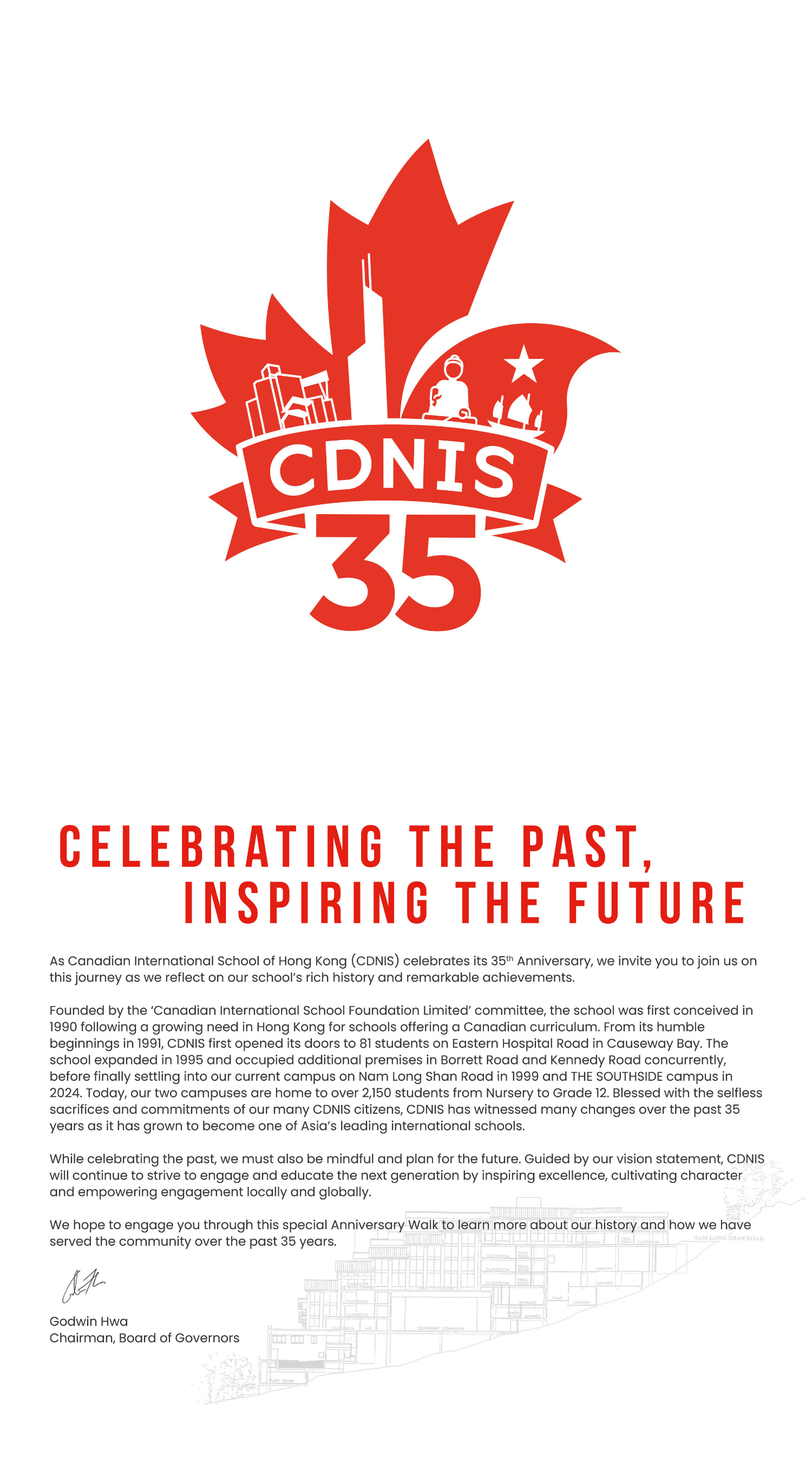 The image features a red maple leaf-shaped logo with the text %22CDNIS 35%22 and the phrase %22Celebrating the Past, Inspiring the Future%22 below it.