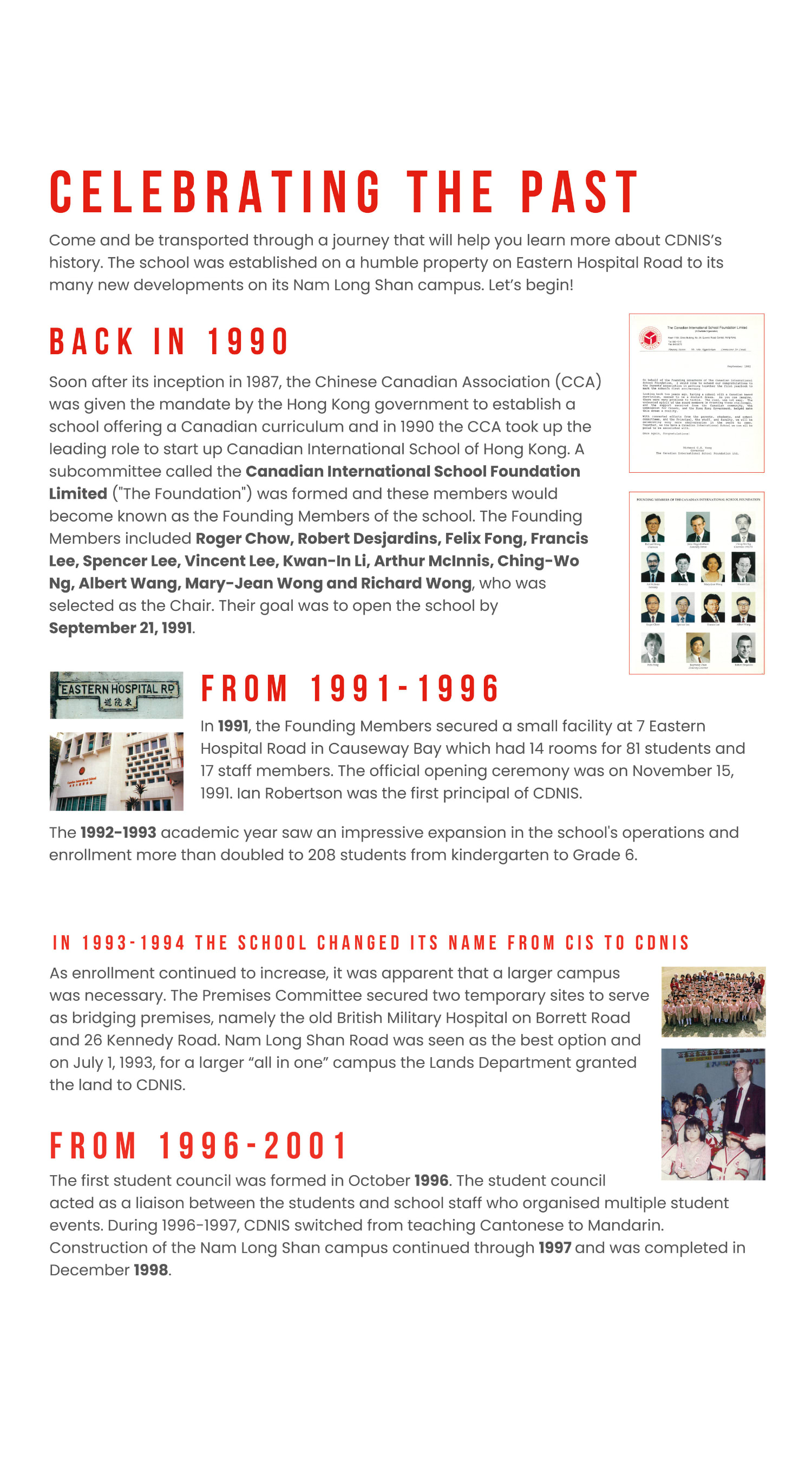 The image is a timeline celebrating the past of an organization, with text and images highlighting key events and changes from 1990 to 2001.