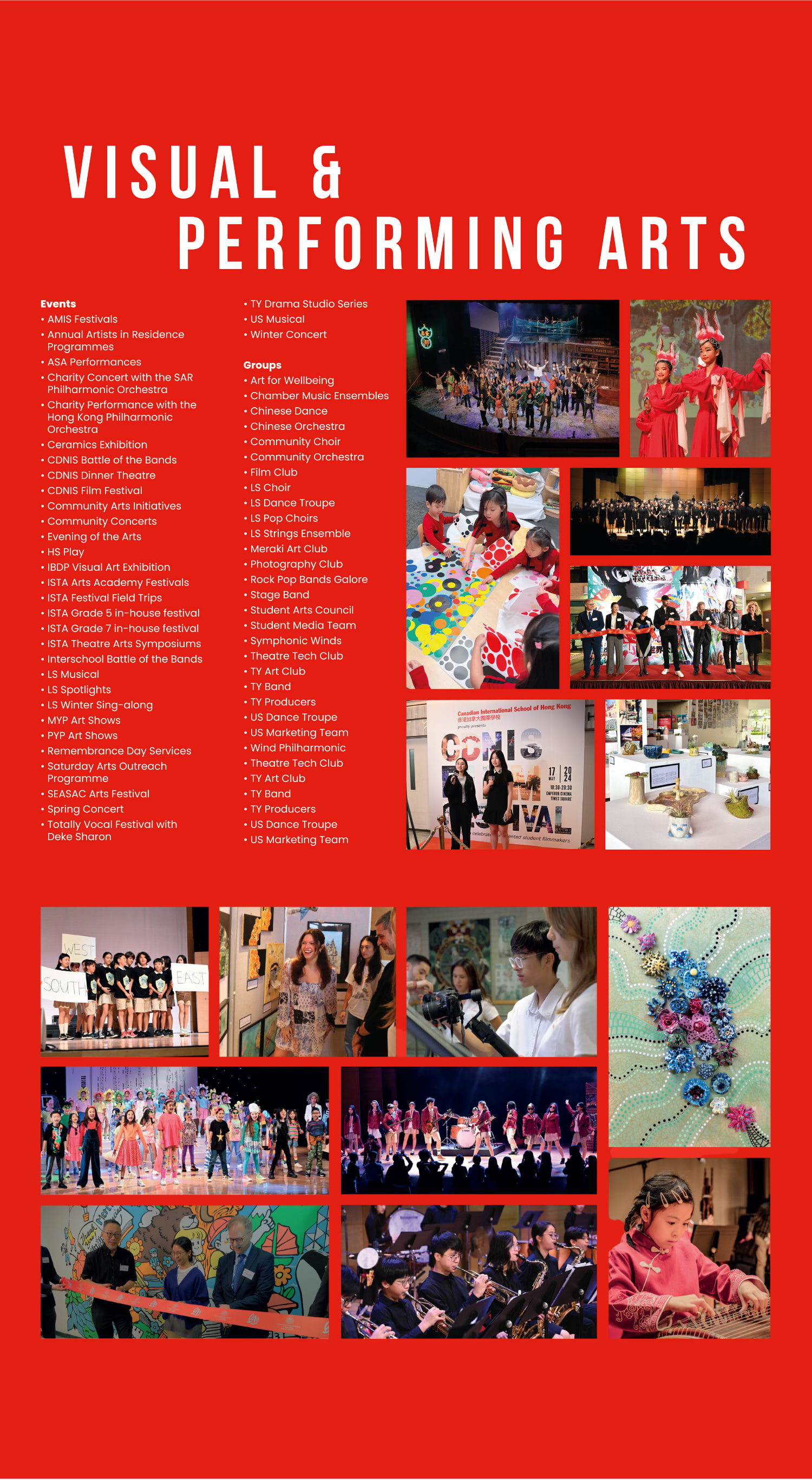 The image is a collage of various visual and performing arts activities, including painting, dance, music, and theater performances, showcased against a bright red background.