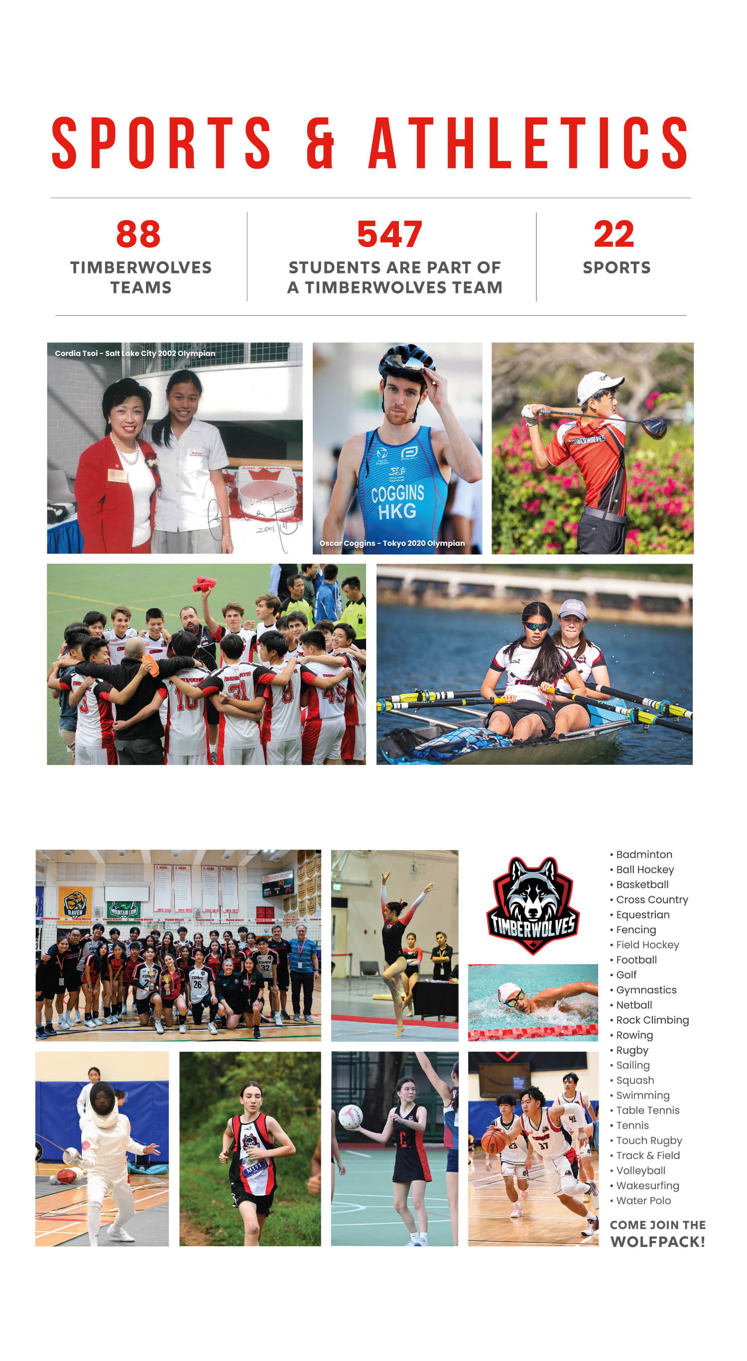 The image showcases various sports and athletic activities, including a Timberwolves team, students participating in a Timberwolves team, and individuals engaged in different sports such as running, rowing, and martial arts.
